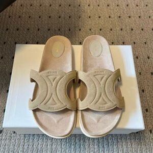 Celine Beige Suede Triomphe Slide Sandals